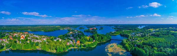 Panorama view of Trakai castle and village at Galve lake in Lithuania.
