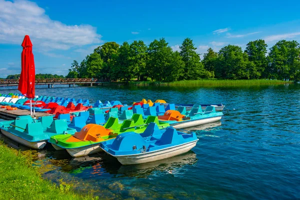 stock image Boats for hire at Galve lake near Trakai, Lithuania.