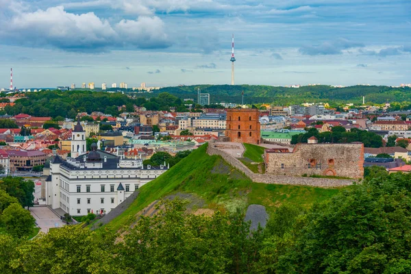 stock image Aerial view of the Gediminas castle with the lithuanian capital vilnius behind it..