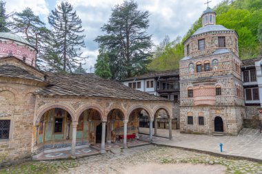 view of an inner courtyard of the famous troyan monastery in Bulgaria.