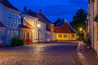 Danimarka 'nın Odense kentindeki renkli bir caddenin gece görüşü.