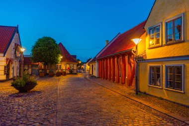 Danimarka 'nın Odense kentindeki renkli bir caddenin gece görüşü.