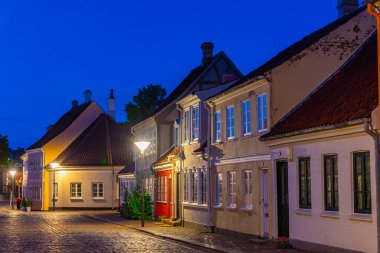 Danimarka 'nın Odense kentindeki renkli bir caddenin gece görüşü.