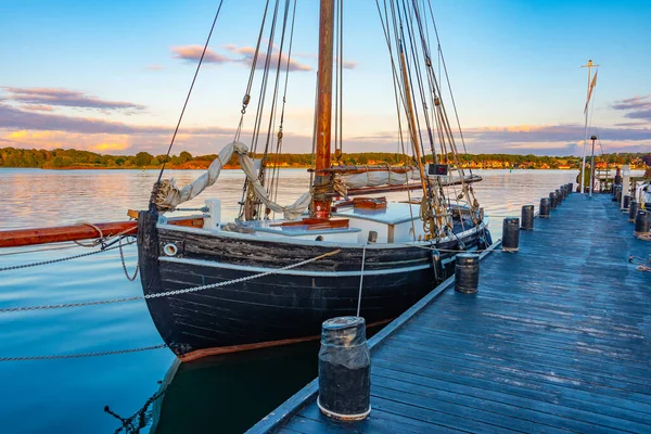 Вид Закат Старых Лодок Пристани Свендборге Дания — стоковое фото