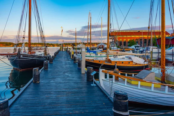 Ηλιοβασίλεμα Παλαιών Σκαφών Στη Μαρίνα Του Svendborg Δανία — Φωτογραφία Αρχείου