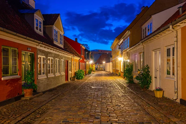 丹麦欧登塞市中心一条五彩斑斓的街道的夜景 — 图库照片
