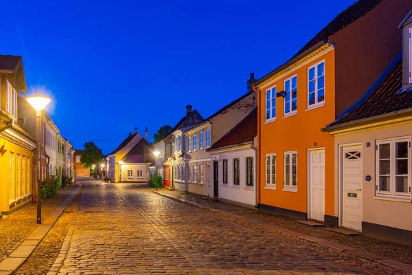 stock image Night view of a colorful street in the center of Odense, Denmark.