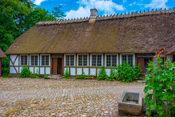 Музей под открытым небом Den Fynske Landsby с традиционной датской архитектурой в Оденсе.