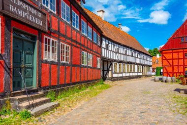 Danimarka 'nın Aarhus kentindeki açık hava müzesinin yanındaki Den Gamle' de renkli evler.