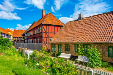 Danimarka 'nın Aarhus kentindeki açık hava müzesinin yanındaki Den Gamle' de renkli evler.