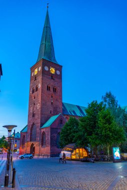 Aarhus katedralinin Danimarka 'daki gece manzarası.