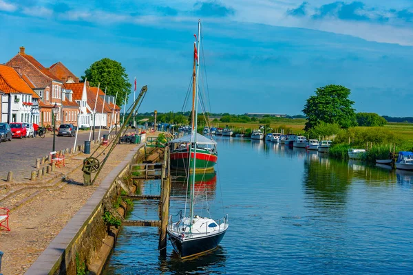 stock image Boats mooring at a channel in Ribe, Denmark.