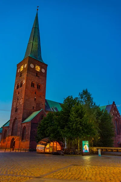 Vista Noturna Catedral Aarhus Dinamarca — Fotografia de Stock