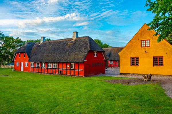 stock image Reconstructed viking houses at Fyrkat viking center, Denmark.