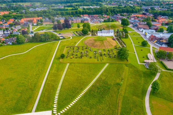 stock image Panorama view of Jelling burial mounds in Denmark.