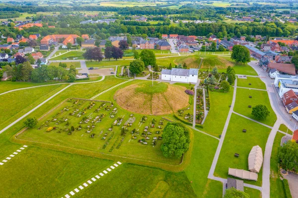 stock image Panorama view of Jelling burial mounds in Denmark.