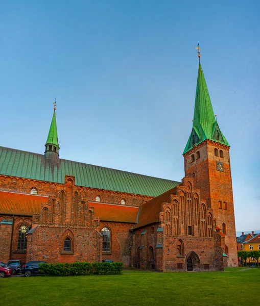 stock image Sunset view of Saint Olaf church in Helsingor, Denmark.