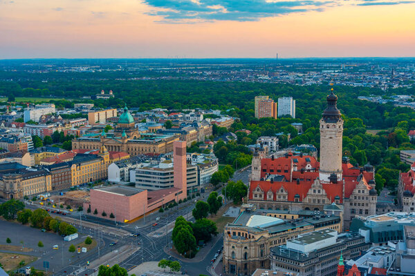 Sunset panorama view of the new town hall and its neighborhood in Leipzig, Germany.