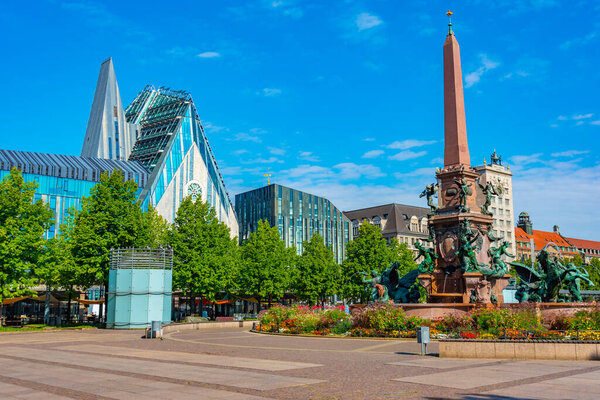 View of Mendebrunnen fountain in German town Leipzig.