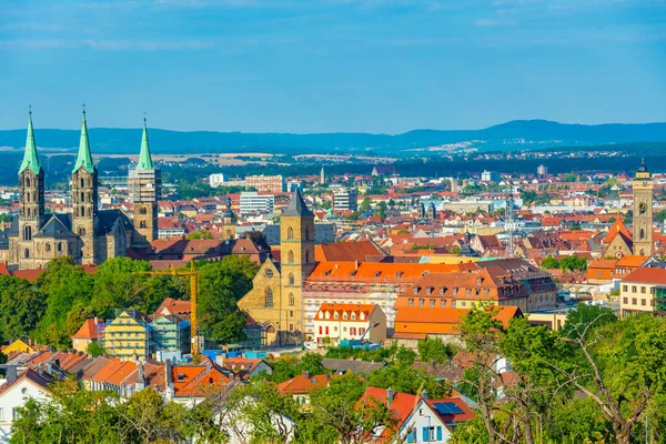 stock image Panorama view of German town Bamberg with four spires of the cathedral.