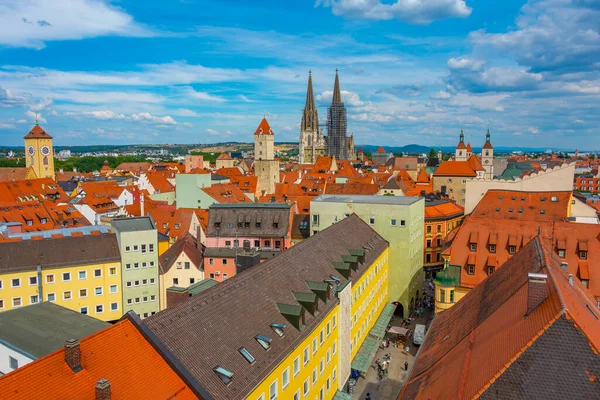 stock image Aerial view of city center, cathedral and town hall in German town Regenburg.