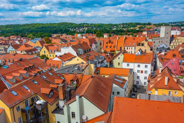 stock image Aerial view of city center of German town Regenburg.