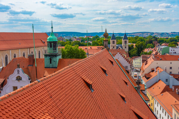 Aerial view of city center of German town Regenburg.