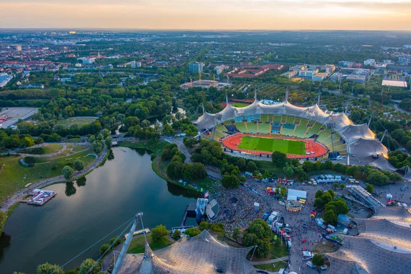 Vista Aérea Pôr Sol Olympiapark Cidade Alemã Munchen — Fotografia de Stock