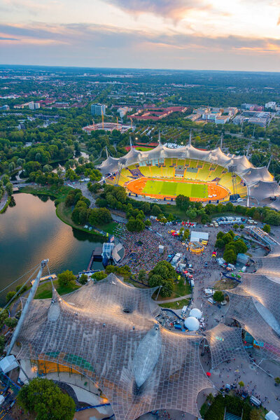 Sunset aerial view of Olympiapark in German town Munchen.