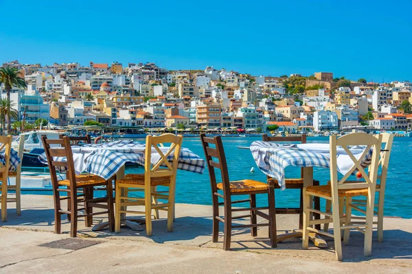 stock image Restaurants at seaside promenade at Greek town Sitia.