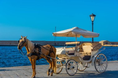 Venedik 'in Chania limanında at arabası.