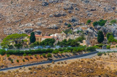 Yunan adası Girit 'teki Preveli Manastırı Müzesi' nin havadan görünüşü.