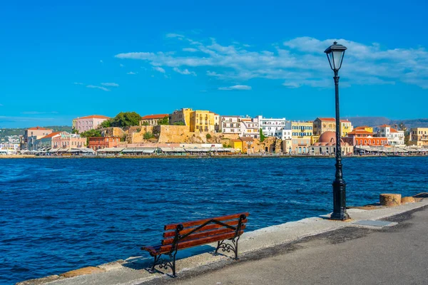 stock image Old mosque at the seaside of old Venetian harbor at Greek town Chania at Crete island.