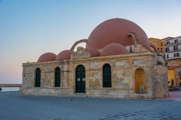 stock image Sunrise view of the Mosque of the Janissaries represents a Landmark of Chania, Crete.