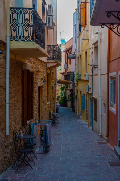 Sunrise view of a colorful street in the old town of Chania at Crete, Greece.
