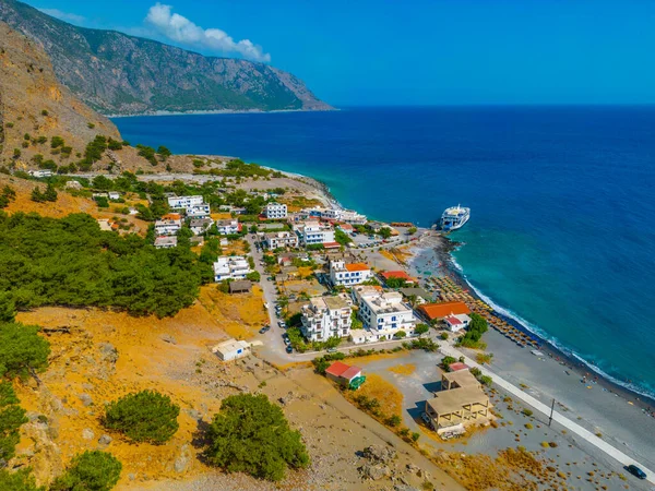 Vista Aérea Uma Praia Agia Roumeli Ilha Grega Creta — Fotografia de Stock
