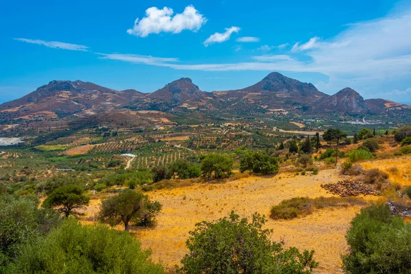 stock image Panorama view of agricultural landscape near Asomatos and Lefkogeia villages at Greek island Crete.