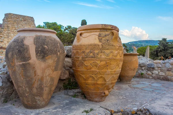 stock image Sunset view of amphoras at the ruins of Knossos palace at Greek island Crete.