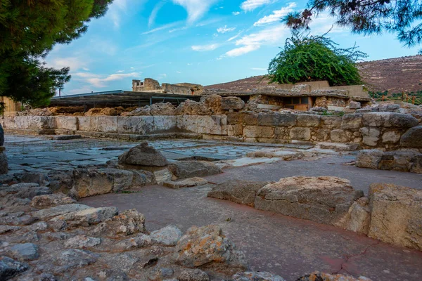 Coucher Soleil Sur Les Ruines Palais Knossos Sur Île Grecque — Photo