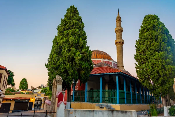 Vista Del Amanecer Mezquita Suleiman Rodas Grecia — Foto de Stock
