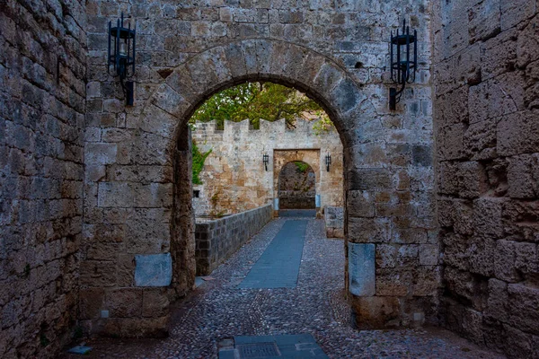 stock image Sunrise view of the Amboise gate of Rhodes in Greece.