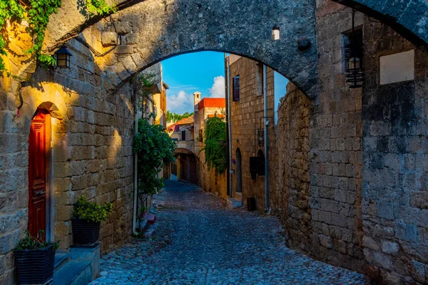 stock image Sunrise view of a historical street in the center of Rhodes, Greece.