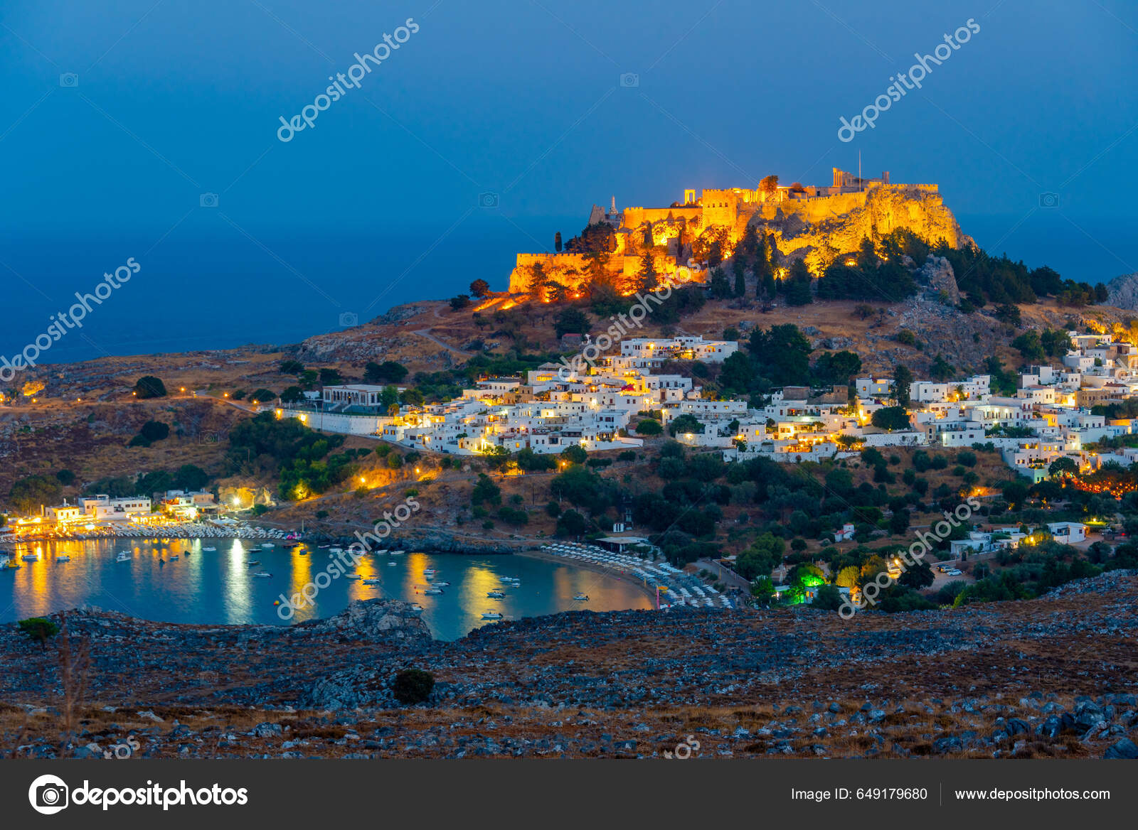 Sunset Panorama Greek Town Lindos Rhodes Island Stock Photo By.
