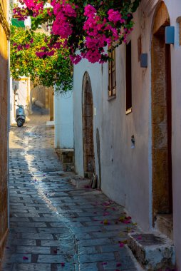 Yunan kenti Lindos 'un beyaz sokakları Rodos adasında.