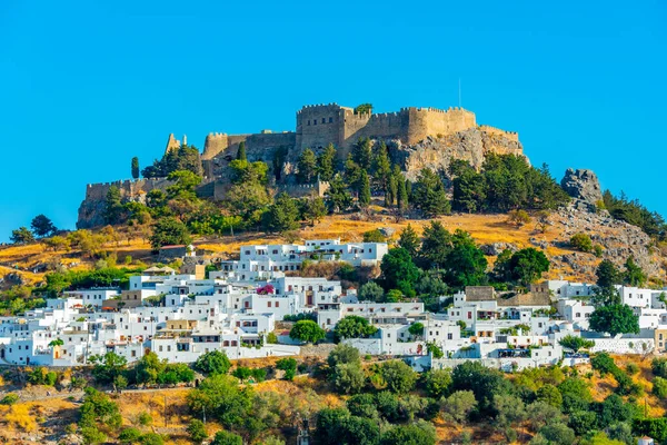 Acropolis Van Lindos Met Uitzicht Traditionele Witte Huizen Rhodos Eiland — Stockfoto