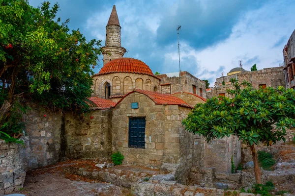 Vista Nascer Sol Igreja Agios Spiridion Cidade Grega Rodes — Fotografia de Stock