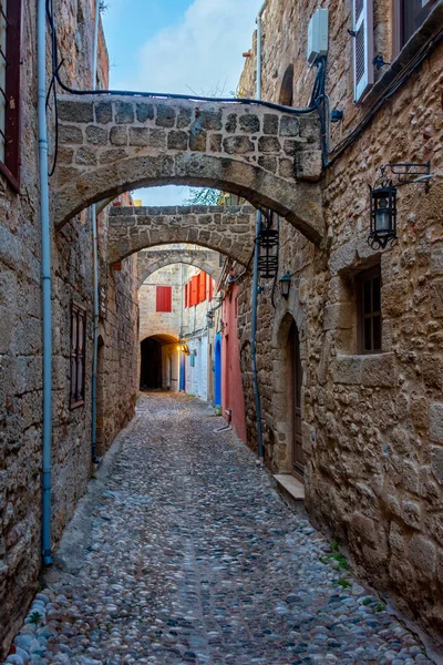 stock image Sunrise view of a historical street in the center of Rhodes, Greece.