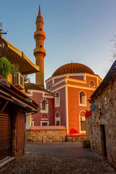 Vue Lever Soleil Sur Mosquée Suleiman Rhodes Grèce — Photo