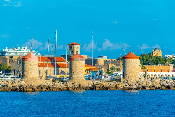 stock image Ancient windmills at the port of Rhodes, Greece.