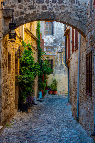 View of a historical street in the center of Rhodes, Greece.